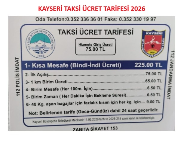 Kayseri Erkilet Havalimanı Taksi Taksimetre Ücreti Kayseri Erkilet Havalimanı taksi ücret tarifesi